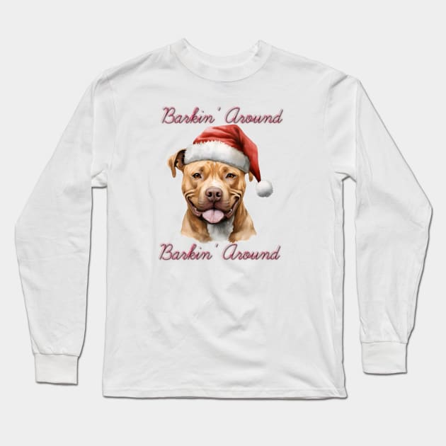 Christmas Pitbull Dog in Santa Hat Long Sleeve T-Shirt by Pawsitive Curios